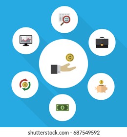Flat Icon Incoming Set Of Hand With Coin, Interchange, Portfolio Vector Objects. Also Includes Search, Box, Portfolio Elements.