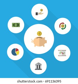 Flat Icon Incoming Set Of Hand With Coin, Money Box, Bank Vector Objects. Also Includes Greenback, Graph, Architecture Elements.