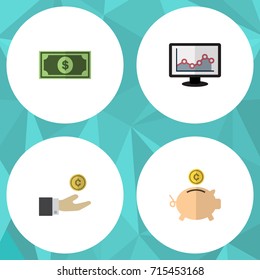 Flat Icon Incoming Set Of Hand With Coin, Chart, Money Box Vector Objects. Also Includes Box, Chart, Money Elements.