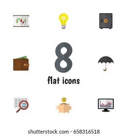 Flat Icon Incoming Set Of Money Box, Chart, Parasol And Other Vector Objects. Also Includes Graph, Money, Billfold Elements.