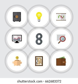 Flat Icon Incoming Set Of Money Box, Diagram, Billfold And Other Vector Objects. Also Includes Strongbox, Counter, Report Elements.