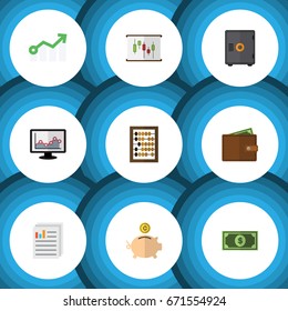 Flat Icon Incoming Set Of Money Box, Diagram, Greenback And Other Vector Objects. Also Includes Arrow, Calculator, Document Elements.