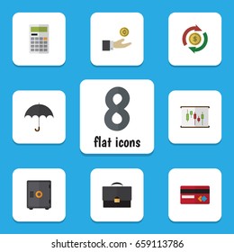 Flat Icon Incoming Set Of Portfolio, Parasol, Calculate And Other Vector Objects. Also Includes Card, Briefcase, Credit Elements.