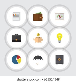 Flat Icon Incoming Set Of Portfolio, Graph, Bubl And Other Vector Objects. Also Includes Parasol, Graph, Safe Elements.