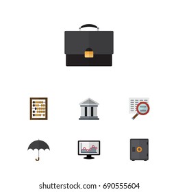 Flat Icon Incoming Set Of Portfolio, Bank, Counter And Other Vector Objects. Also Includes Strongbox, Bank, Search Elements.