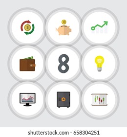 Flat Icon Incoming Set Of Strongbox, Billfold, Chart And Other Vector Objects. Also Includes Money, Billfold, Box Elements.