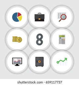 Flat Icon Incoming Set Of Strongbox, Growth, Graph And Other Vector Objects. Also Includes Magnifier, Strongbox, Portfolio Elements.