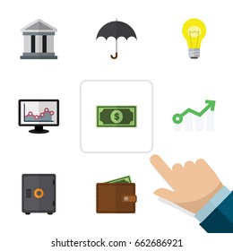Flat Icon Incoming Set Of Strongbox, Parasol And Other Vector Objects. Also Includes Bank, Greenback, Diagram Elements.