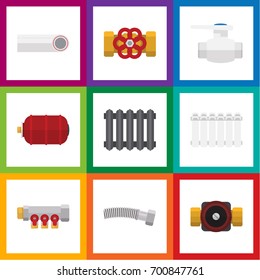 Flat Icon Industry Set Of Flange, Corrugated Pipe, Pipework And Other Vector Objects. Also Includes Radiator, Drain, Plastic Elements.