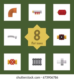 Flat Icon Industry Set Of Pipework, Iron, Tap And Other Vector Objects. Also Includes Faucet, Pump, Heater Elements.