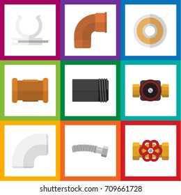 Flat Icon Industry Set Of Pump Valve, Pipe, Corrugated Pipe And Other Vector Objects. Also Includes Coiled, Holder, Tube Elements.