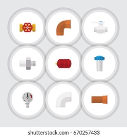 Flat Icon Industry Set Of Water Filter, Connector, Plastic And Other Vector Objects. Also Includes Cast, Flange, Iron Elements.