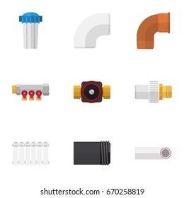 Flat Icon Industry Set Of Water Filter, Plastic, Iron And Other Vector Objects. Also Includes Faucet, Filter, Pump Elements.