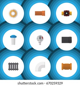 Flat Icon Industry Set Of Water Filter, Tap, Heater And Other Vector Objects. Also Includes Cast, Filter, Faucet Elements.