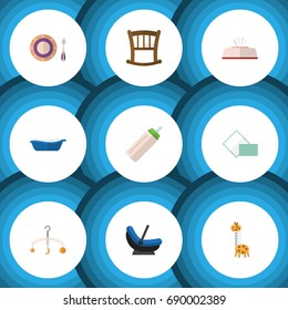 Flat Icon Infant Set Of Bathtub, Infant Cot, Napkin And Other Vector Objects. Also Includes Mobile, Bathing, Dish Elements.