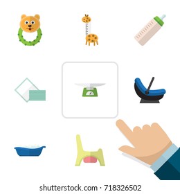 Flat Icon Infant Set Of Children Scales, Toilet, Napkin And Other Vector Objects. Also Includes Giraffe, Tissue, Bathing Elements.