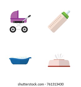 Flat Icon Infant Set Of Feeder, Bathtub, Stroller And Other Vector Objects. Also Includes Bathtub, Pram, Stroller Elements.