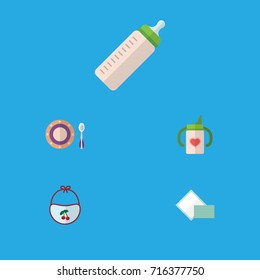 Flat Icon Infant Set Of Nursing Bottle, Napkin, Pinafore And Other Vector Objects. Also Includes Bib, Dish, Tissue Elements.