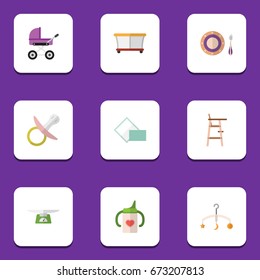 Flat Icon Infant Set Of Playground, Napkin, Mobile And Other Vector Objects. Also Includes Baby, Mobile, Plate Elements.