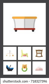 Flat Icon Infant Set Of Playground, Rattle, Mobile And Other Vector Objects. Also Includes Cradle, Baby, Potty Elements.