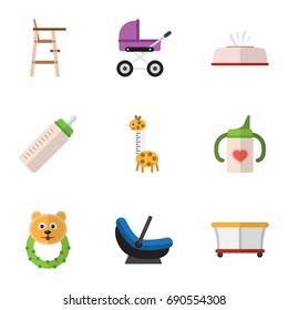 Flat Icon Infant Set Of Rattle, Stroller, Child Chair And Other Vector Objects. Also Includes Stool, Beanbag, Tissue Elements.