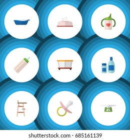 Flat Icon Infant Set Of Tissue, Nipple, Children Scales And Other Vector Objects. Also Includes Cream, Bottle, Bathing Elements.