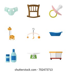 Flat Icon Infant Set Of Toy, Nappy, Children Scales And Other Vector Objects. Also Includes Bathing, Toy, Children Elements.