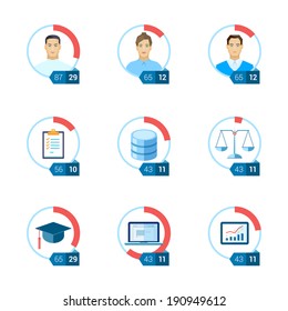 Flat icon infographic template set for education, statistic, personal, environment, law, ui, interface justice, computing, start-up, tasks, database. Part to whole ratio sector pie chart illustration.