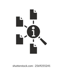 flat icon of information retrieval, magnifying glass examines paper documents, tech symbol, vector icons