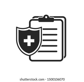 Flat icon with insurance linear icon. Medical clipboard. Medical health protection shield cross. Isolated vector sign symbol. EPS 10