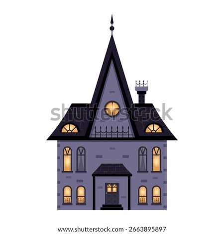 Flat icon of isolated dark violet  house in gothic style on transparent background.Cartoon style.Haloween decoration.Haunted Mansion.Spooky gothic village building.Victorian house.Vector illustration.