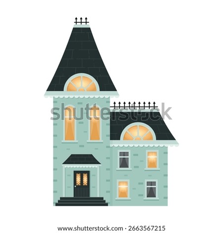 Flat icon of isolated  light green house in gothic style on transparent background.Cartoon style.Haloween decoration.Haunted Mansion.Spooky gothic village building.Victorian house.Vector illustration.
