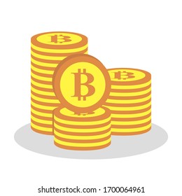 Flat icon isolated on white. Online paying pictogram. Crypto currency, virtual electronic, internet money. Stack of bitcoin gold coins with coin in front of it.