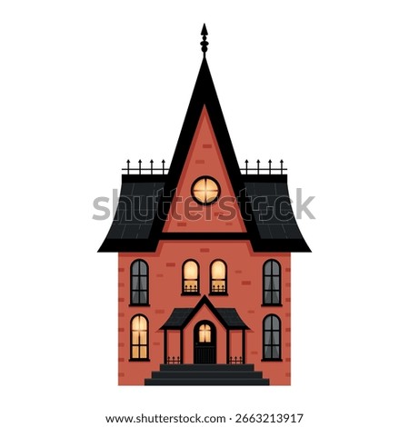 Flat icon of isolated  red house in gothic style on transparent background. Cartoon style. Haloween decoration. Haunted Mansion. Spooky  gothic village building. Victorian house.  Vector illustration.
