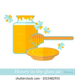 Flat icon of jar, plate with honey isolated on white