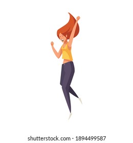 Flat icon of joyful jumping woman on white background vector illustration