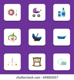 Flat Icon Kid Set Of Bathtub, Infant Cot, Nursing Bottle And Other Vector Objects. Also Includes Cradle, Children, Cot Elements.