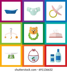Flat Icon Kid Set Of Bathtub, Rattle, Children Scales And Other Vector Objects. Also Includes Cosmetics, Rattle, Bathtub Elements.