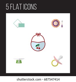 Flat Icon Kid Set Of Children Scales, Nipple, Pinafore And Other Vector Objects. Also Includes Bib, Pacifier, Napkin Elements.