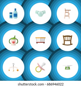 Flat Icon Kid Set Of Cream With Lotion, Nipple, Children Scales And Other Vector Objects. Also Includes Child, Pampers, Cot Elements.