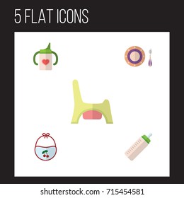 Flat Icon Kid Set Of Feeder, Baby Plate, Toilet And Other Vector Objects. Also Includes Dish, Pinafore, Baby Elements.