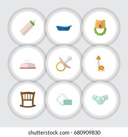Flat Icon Kid Set Of Napkin, Bathtub, Tissue And Other Vector Objects. Also Includes Bed, Infant, Bathing Elements.
