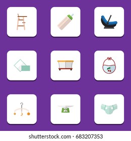 Flat Icon Kid Set Of Napkin, Pram, Child Chair And Other Vector Objects. Also Includes Towel, Bib, Children Elements.