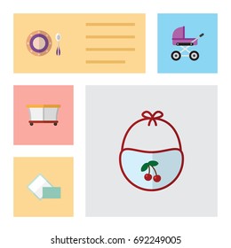 Flat Icon Kid Set Of Napkin, Pinafore, Baby Plate And Other Vector Objects. Also Includes Playground, Bib, Pram Elements.