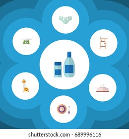 Flat Icon Kid Set Of Nappy, Baby Plate, Cream With Lotion And Other Vector Objects. Also Includes Baby, Cream, Pampers Elements.