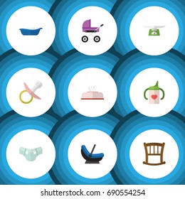 Flat Icon Kid Set Of Nappy, Nipple, Stroller And Other Vector Objects. Also Includes Tissue, Nipple, Baby Elements.