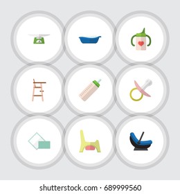 Flat Icon Kid Set Of Nipple, Children Scales, Toilet And Other Vector Objects. Also Includes Children, Weighing, Bottle Elements.