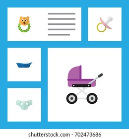 Flat Icon Kid Set Of Nipple, Rattle, Stroller And Other Vector Objects. Also Includes Pram, Beanbag, Stroller Elements.