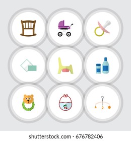 Flat Icon Kid Set Of Pinafore, Mobile, Stroller And Other Vector Objects. Also Includes Bear, Stroller, Infant Elements.