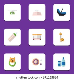 Flat Icon Kid Set Of Rattle, Baby Plate, Cream With Lotion And Other Vector Objects. Also Includes Rattle, Weighing, Toy Elements.